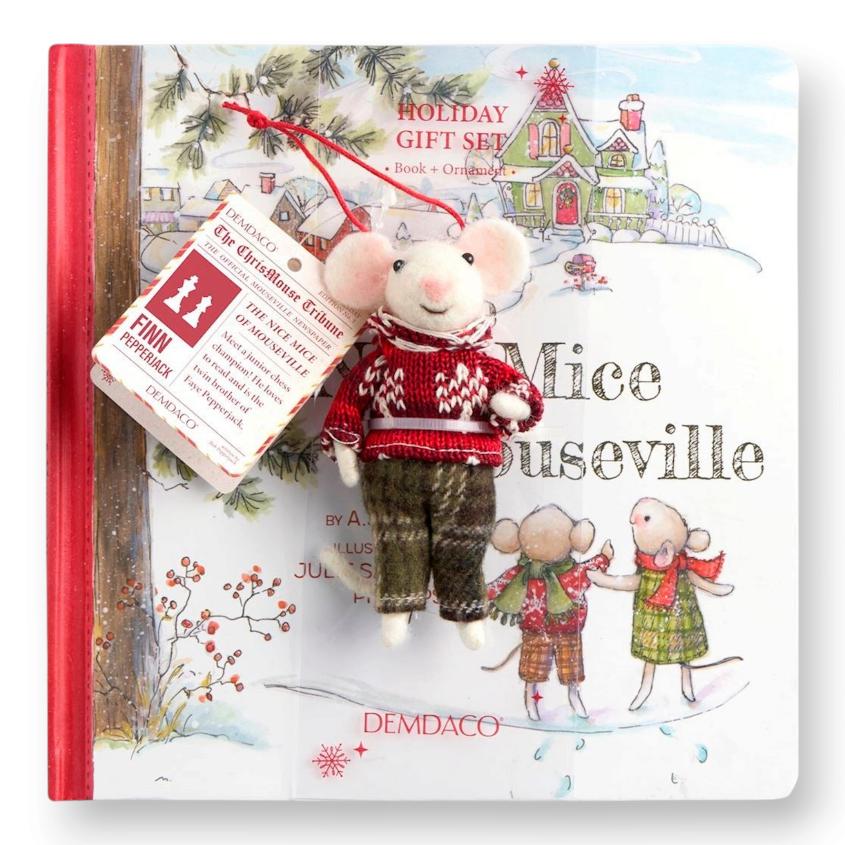 Mellow Monkey Mouseville storybook and felted Finn mouse ornament wearing a red sweater and plaid pants.