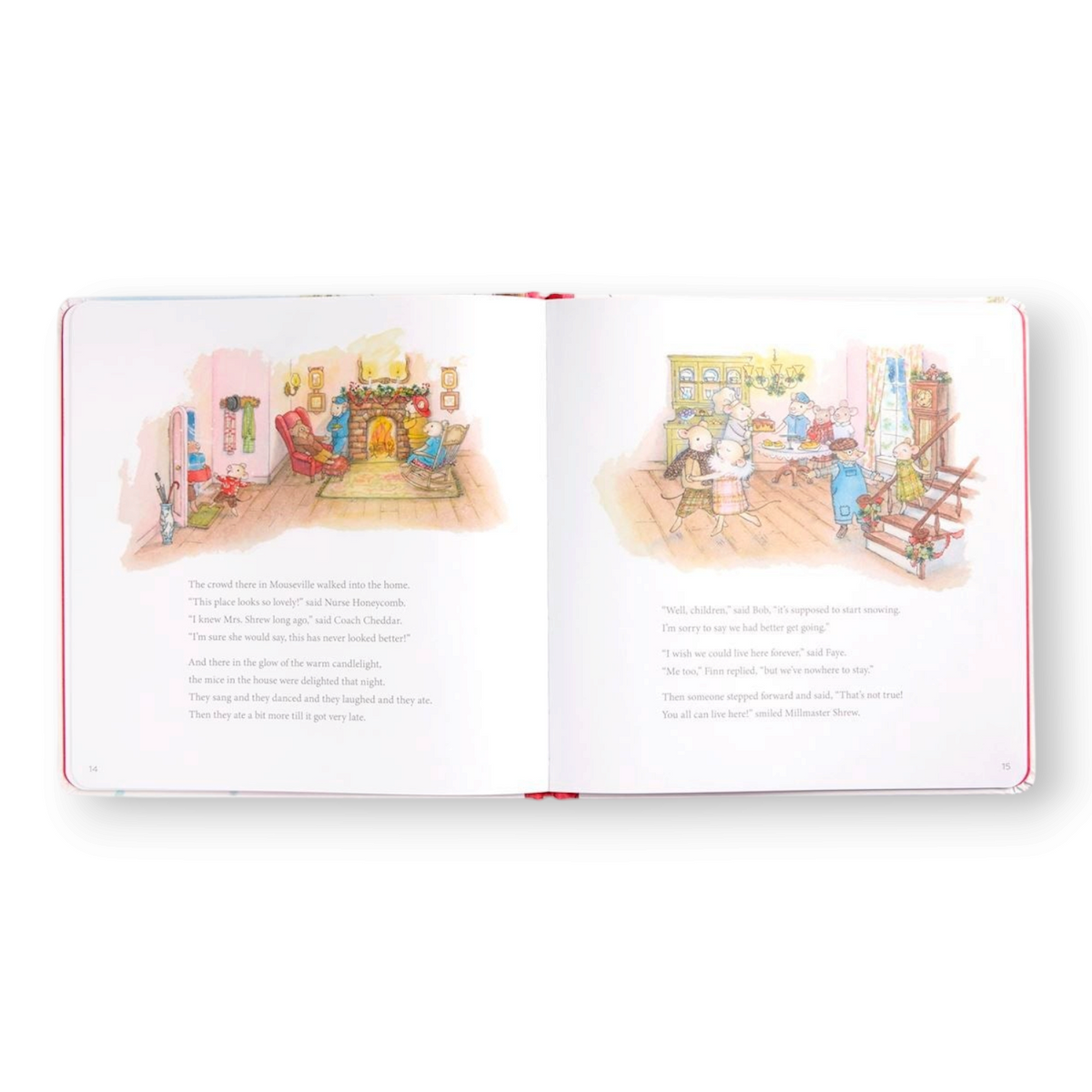 Mellow Monkey Mouseville storybook open to illustrated pages showing mice characters in a cozy Christmas home setting