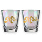 Mellow Monkey Mr. & Mrs. iridescent shot glasses with gold script lettering. Set of 2, 2oz each.