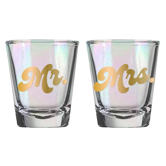 Mellow Monkey Mr. & Mrs. iridescent shot glasses with gold script lettering. Set of 2, 2oz each.