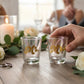 Mellow Monkey iridescent shot glasses with gold "Mr." and "Mrs." text. Set of 2, 2oz each.