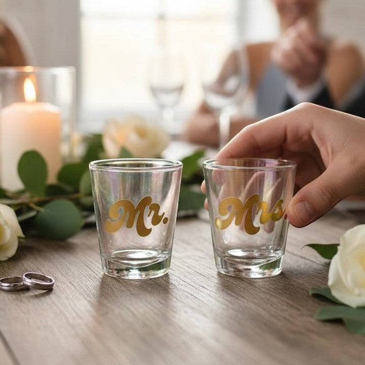 Mellow Monkey iridescent shot glasses with gold "Mr." and "Mrs." text. Set of 2, 2oz each.