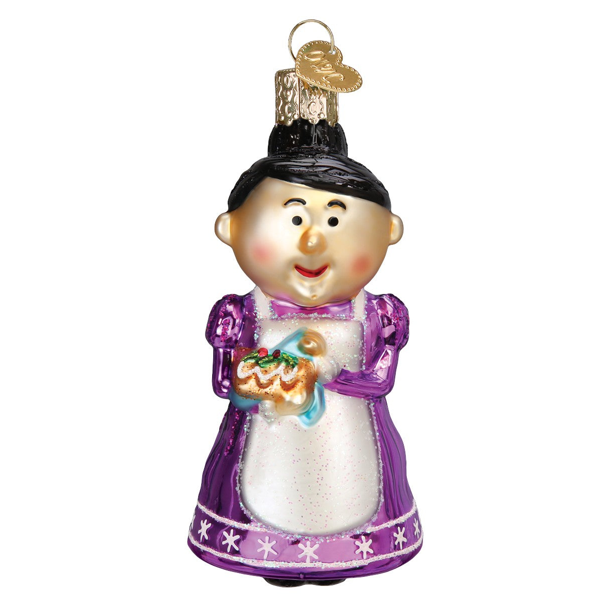 Mellow Monkey Cheery Mrs. Claus blown glass Christmas ornament holding a festive cake. 4.25-in.