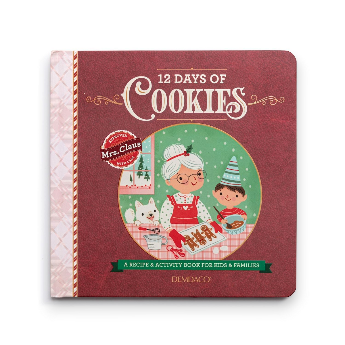 Mellow Monkey 12 Days of Cookies recipe book with festive red cover featuring Mrs. Claus and a child baking together.