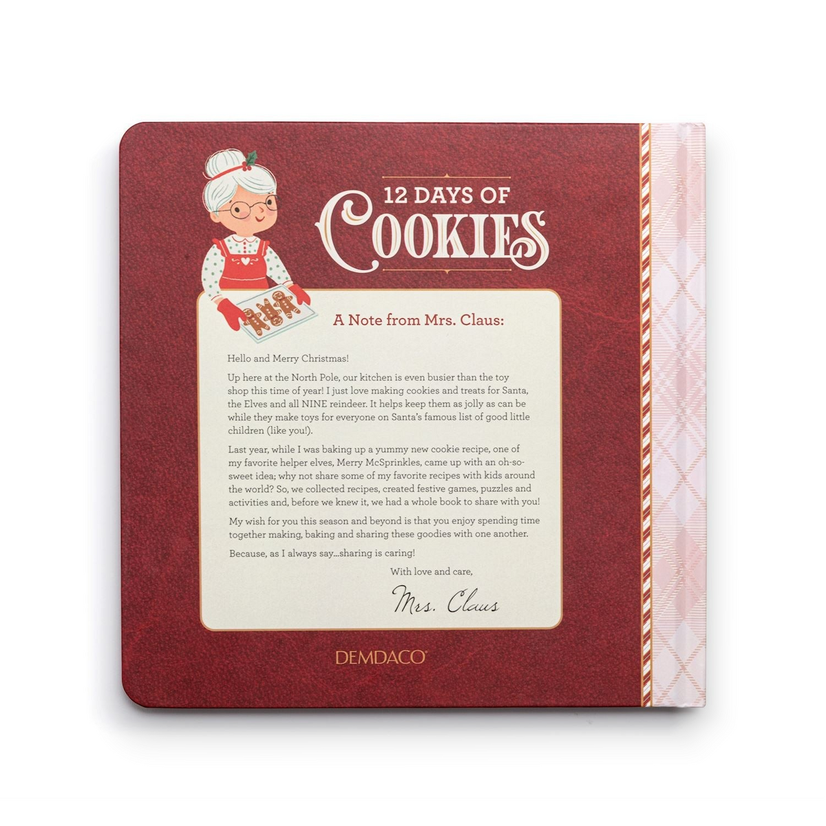 Mellow Monkey Mrs. Claus 12 Days of Cookies recipe book with festive red cover and illustrated Mrs. Claus character