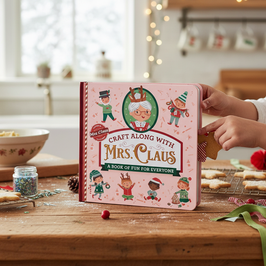 Mellow Monkey Craft Along with Mrs. Claus holiday activity book on a wooden table with Christmas cookies