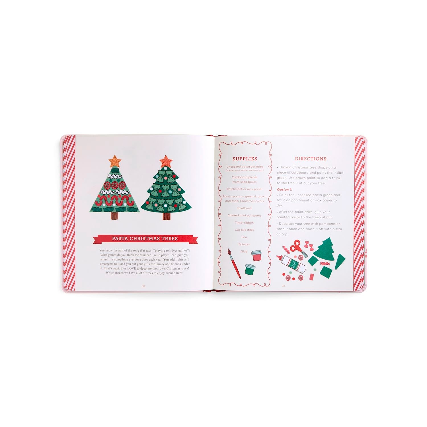 Mellow Monkey Craft Along with Mrs. Claus book open to a page showing pasta Christmas tree craft instructions
