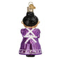 Mellow Monkey Cheery Mrs. Claus blown glass holiday ornament, purple dress with white apron detail and snowflake trim.