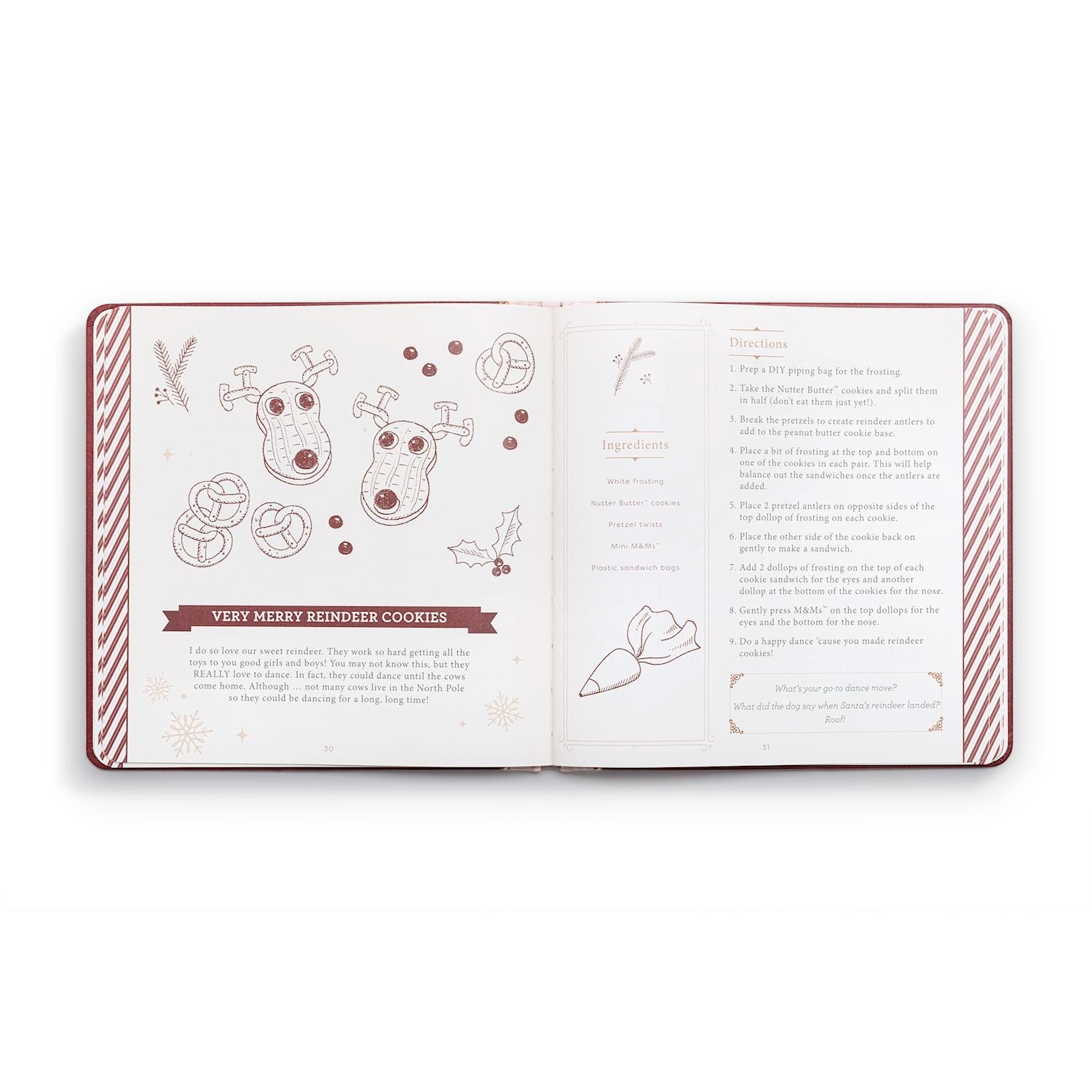 Mellow Monkey Mrs. Claus 12 Days of Cookies recipe book open to the Very Merry Reindeer Cookies page with instructions.
