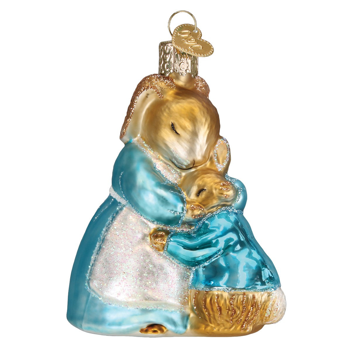 Mellow Monkey Mrs. Rabbit and Peter blown glass holiday ornament, featuring Mrs. Rabbit hugging Peter. Blue dress with glitter.