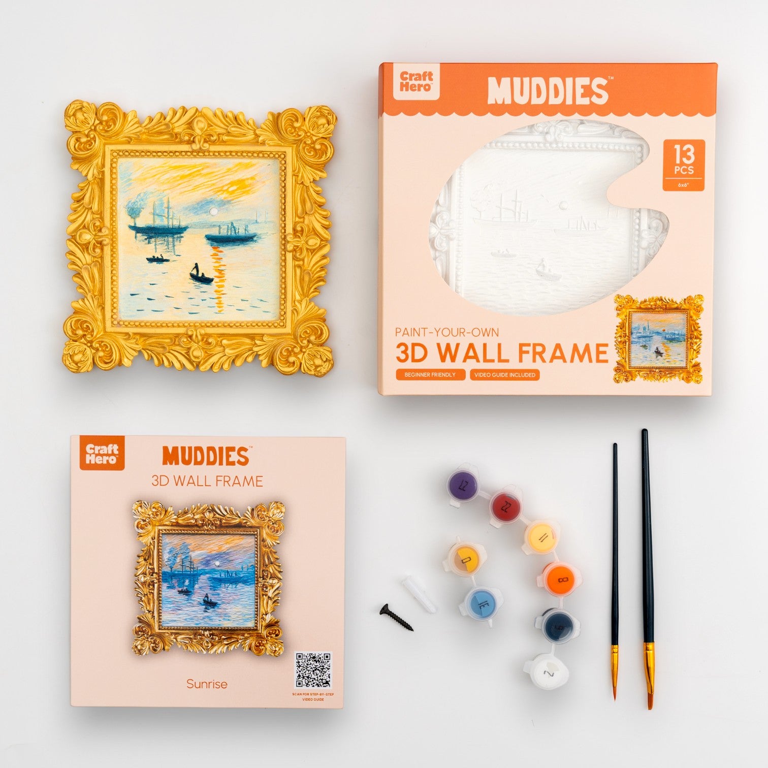 Mellow Monkey Muddies 3D wall frame painting kit featuring a pre-sculpted Monet Sunrise canvas, paints, and brushes.