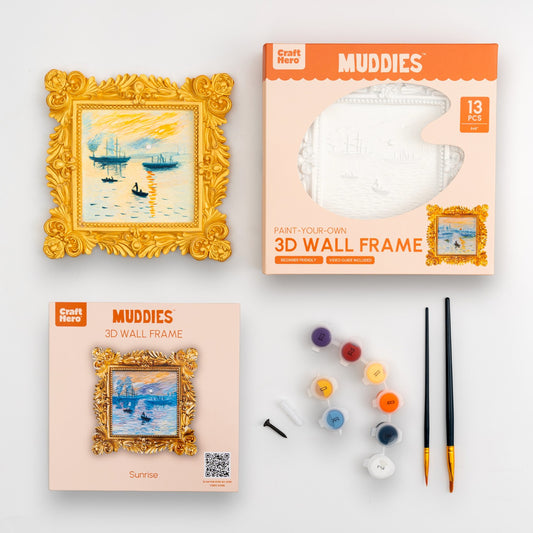 Mellow Monkey Muddies 3D wall frame painting kit featuring a pre-sculpted Monet Sunrise canvas, paints, and brushes.