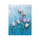 Mellow Monkey Muddies 3D textured tulip canvas art with blue background, sand texture, and raised resin flower shapes.