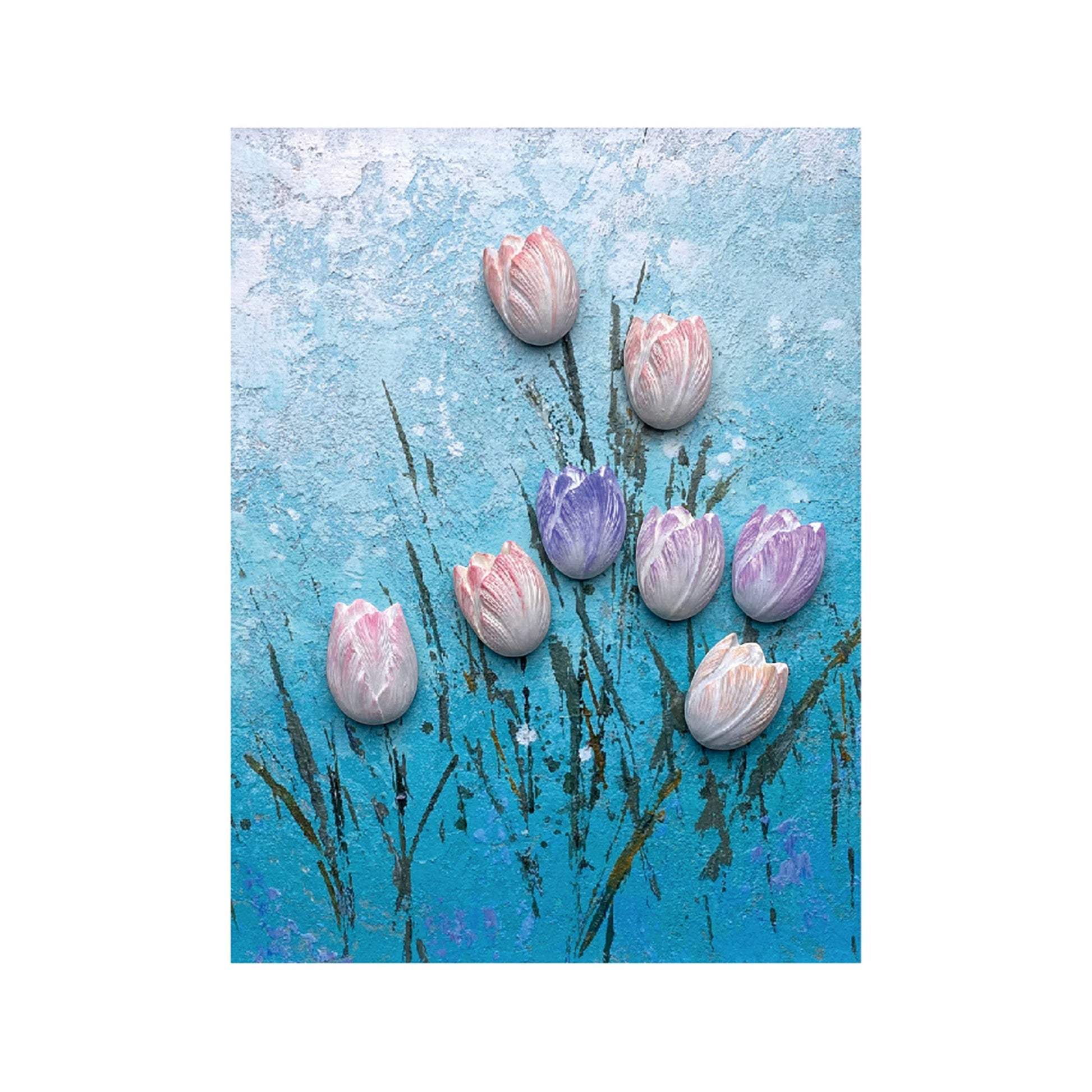 Mellow Monkey Muddies 3D textured tulip canvas art with blue background, sand texture, and raised resin flower shapes.