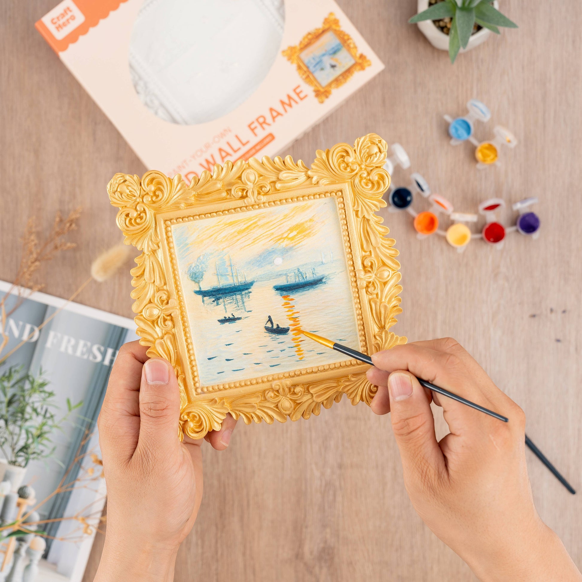 Mellow Monkey Muddies 3D wall frame painting kit featuring a Monet sunrise scene in an ornate gold frame