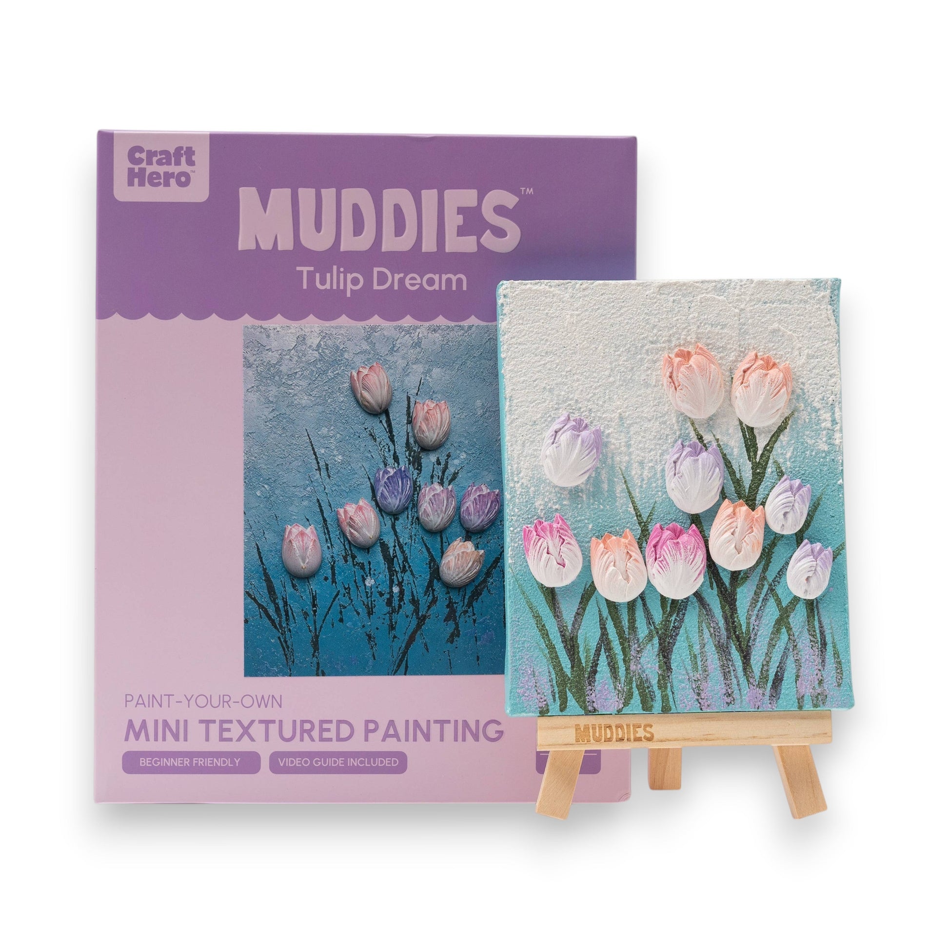 Mellow Monkey Muddies Tulip Dream 3D textured canvas painting kit with mini easel, paint, and resin tulip shapes.