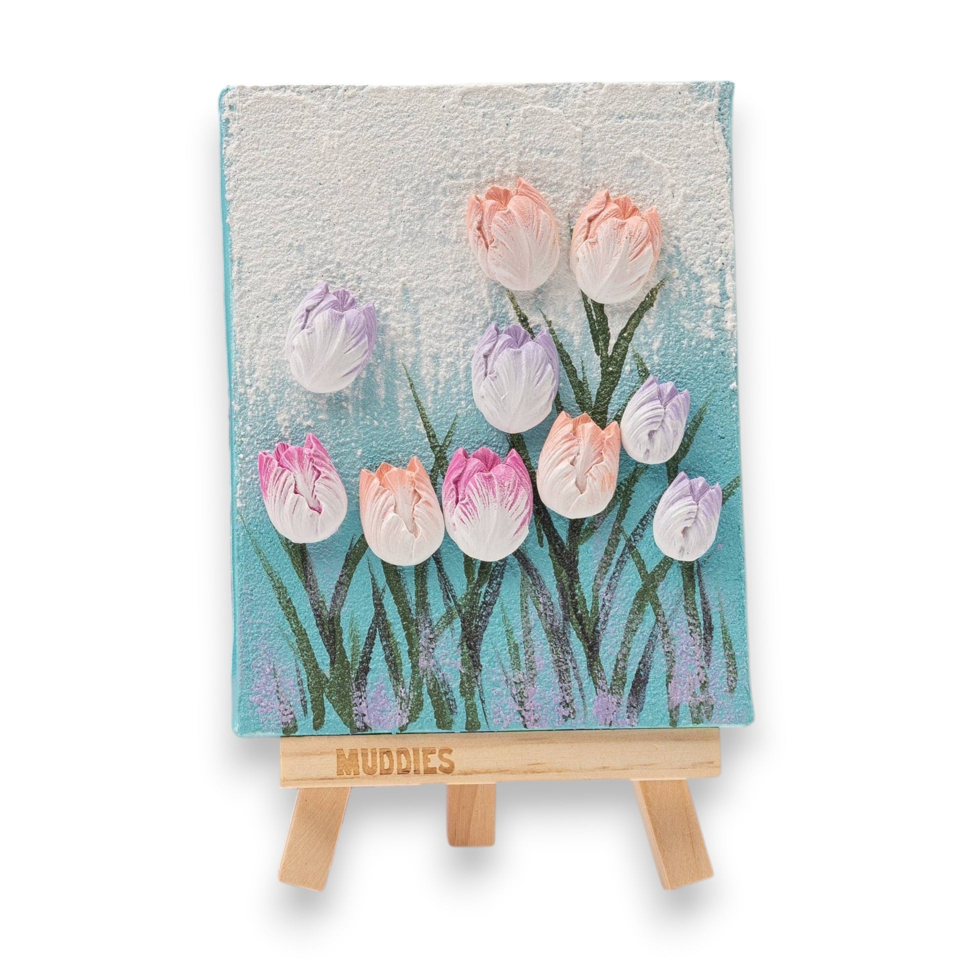 Mellow Monkey Muddies 3D textured tulip painting kit with mini canvas, easel, paints, and resin flower shapes.