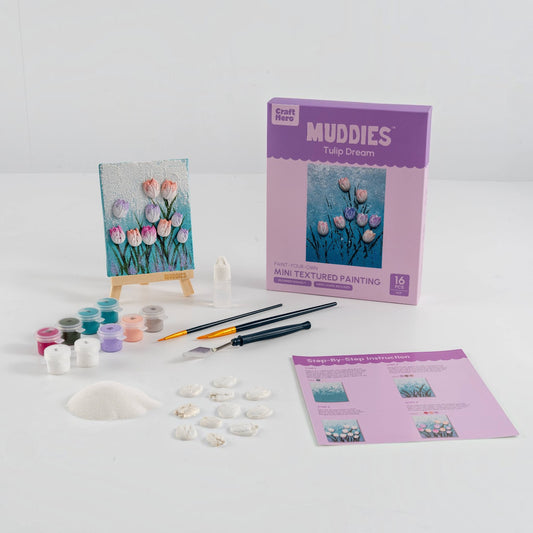 Mellow Monkey Muddies 3D textured tulip painting kit with mini canvas, easel, paints, sand, and resin shapes.