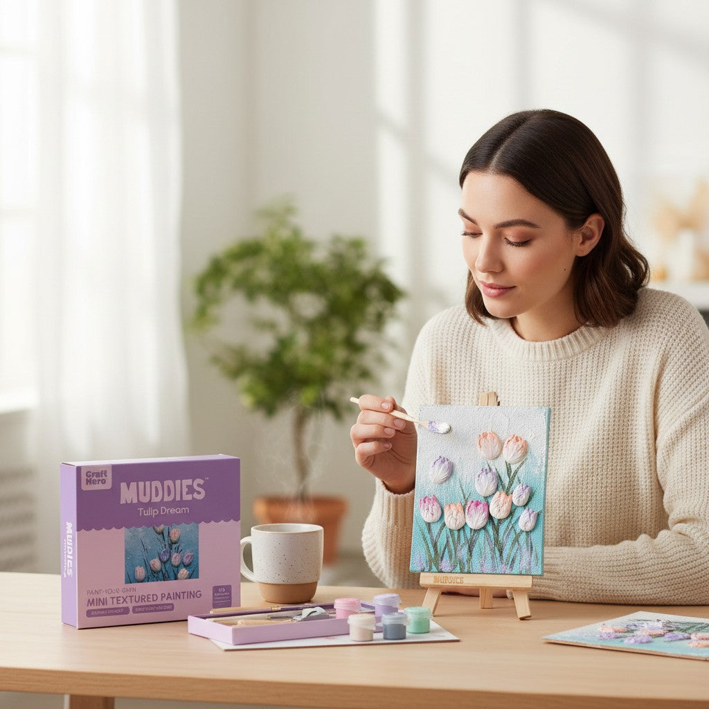 Mellow Monkey Muddies 3D textured tulip canvas painting kit being crafted by a woman at a wooden table.