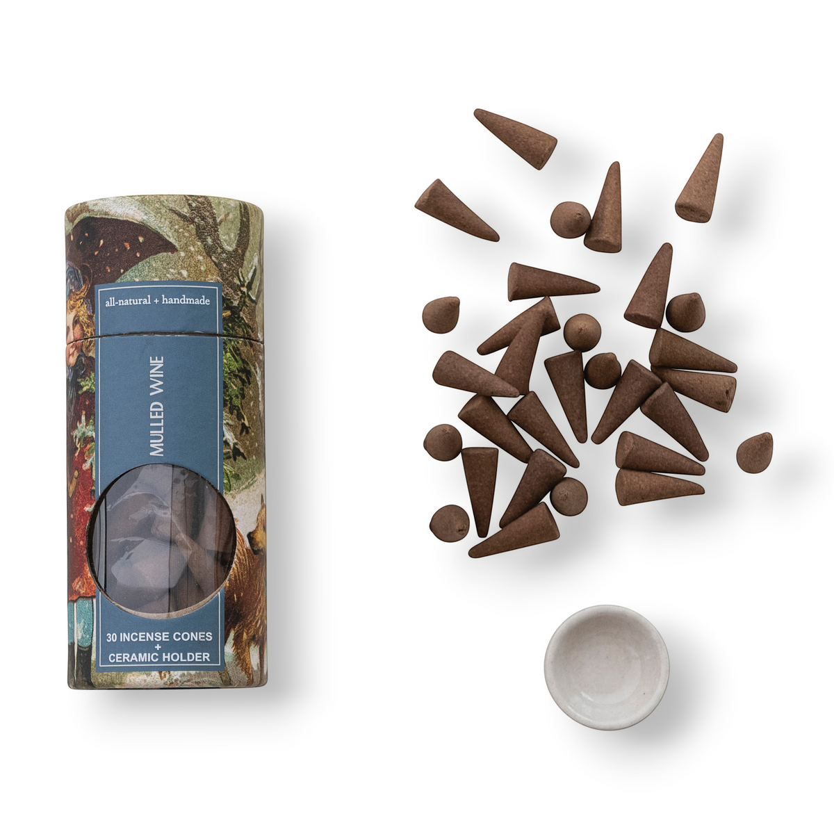 Mellow Monkey mulled wine scented incense cones with a small ceramic holder and decorative storage tube