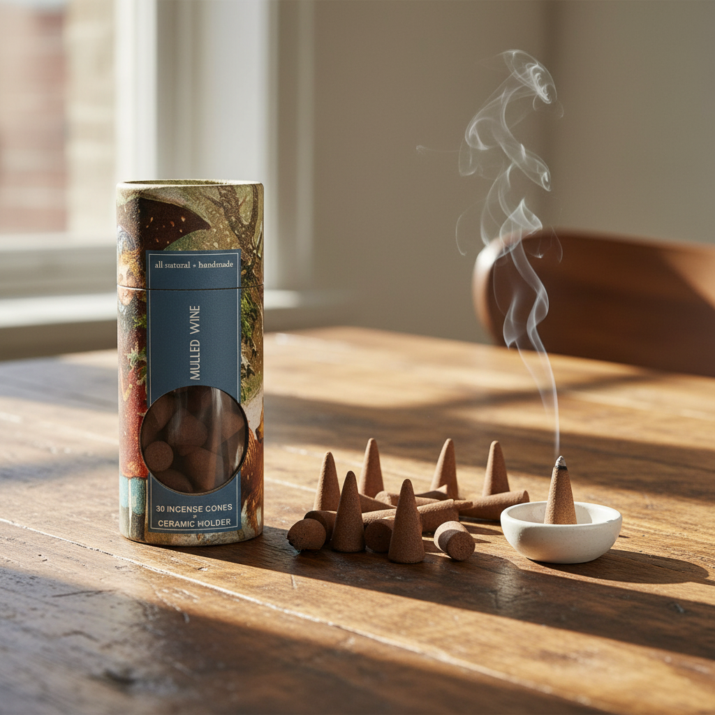 Mellow Monkey mulled wine scented incense cones with ceramic holder and decorative packaging on a wooden table