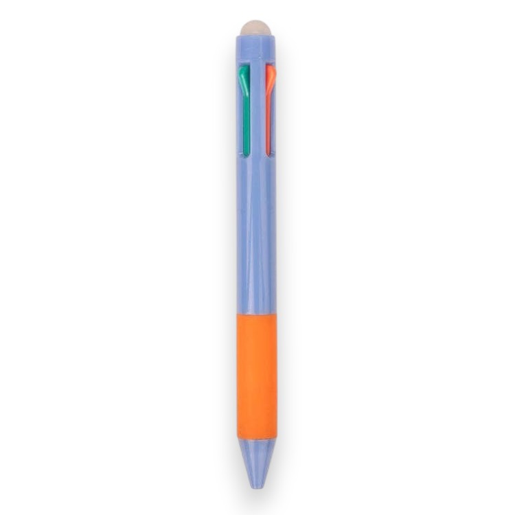 Mellow Monkey retractable multi-color erasable pen with a light blue barrel, orange grip, and eraser top.