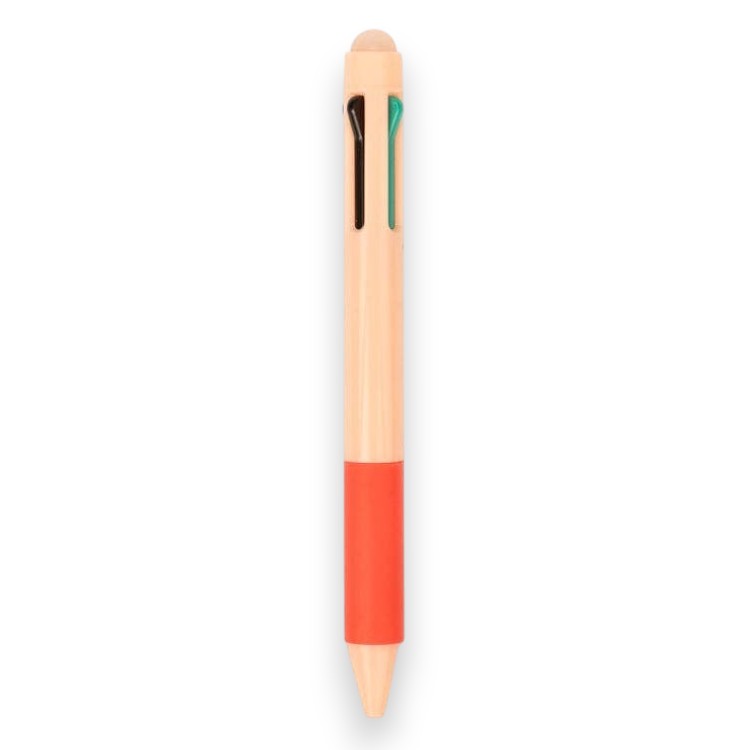 Mellow Monkey retractable multi-color erasable pen with a beige body, red grip, and integrated eraser tip.