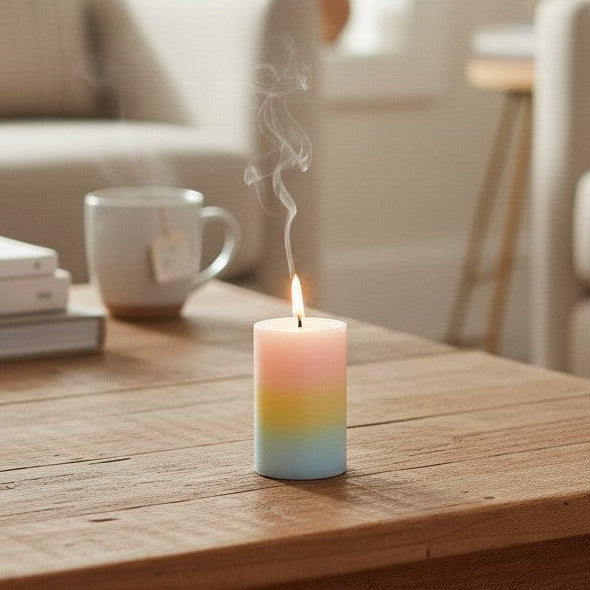 Mellow Monkey multi-scented pillar candle in pink, yellow, and blue ombre wax burning on a rustic wooden coffee table.