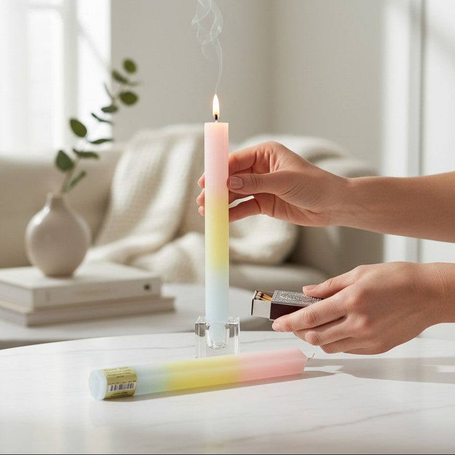 Mellow Monkey multi-scented pink, yellow, and blue square taper candle being lit by hand on a white table.