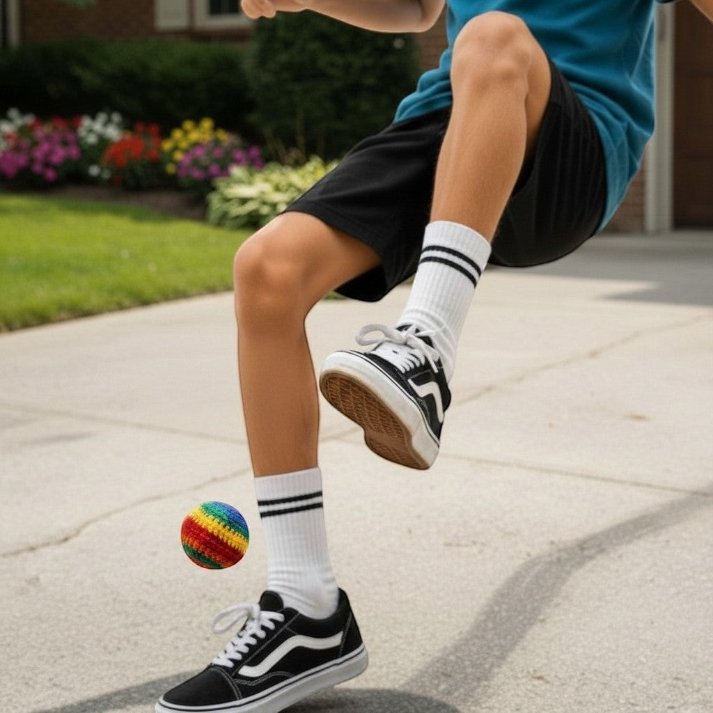 Mellow Monkey multicolored hand-crocheted hacky sack being kicked by a person wearing sneakers and white socks