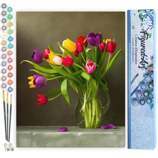 Mellow Monkey Multicolored Flowers paint by numbers kit for adults, 16"x20", intermediate difficulty, includes numbered canvas, acrylic paints, brushes, and hardware.