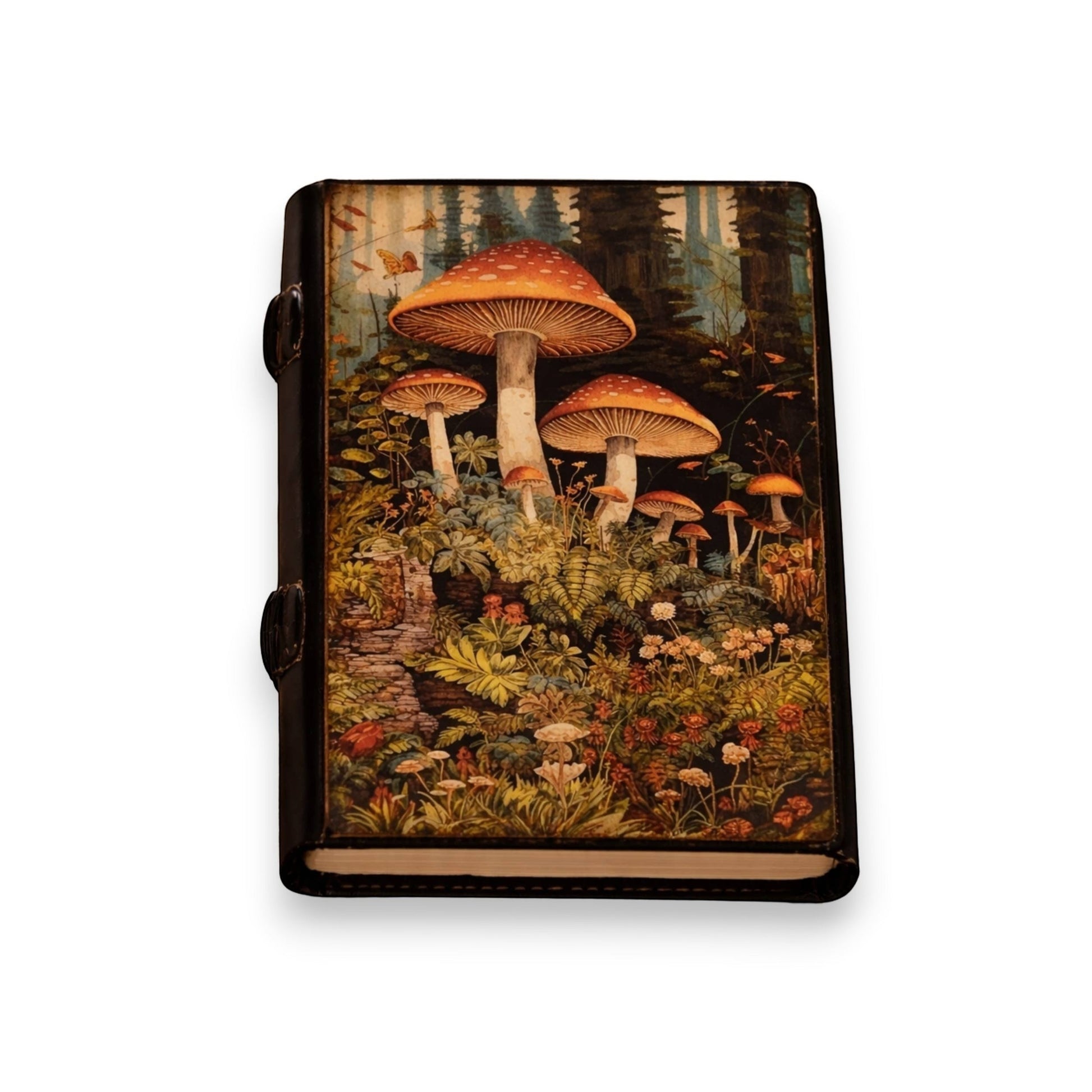 Mellow Monkey vintage leather spellbook with mushroom forest illustration. 5x7 inches, 200 pages.