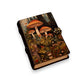 Mellow Monkey vintage leather spellbook with mushroom forest cover and brass clasp. 5x7 inches, 200 pages.