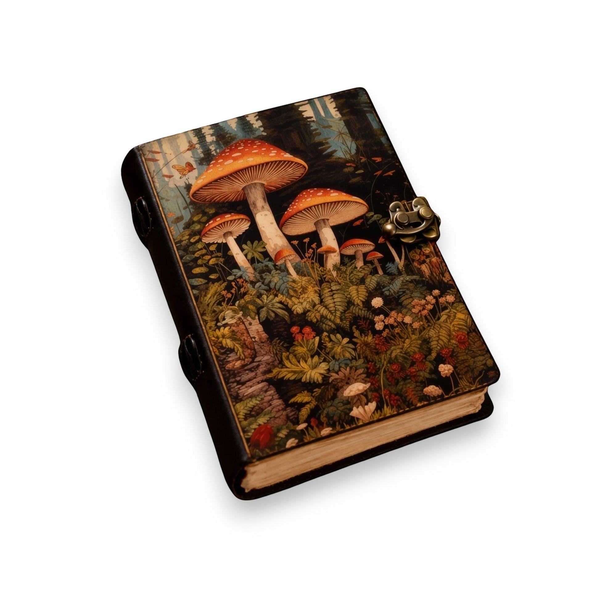 Mellow Monkey vintage leather spellbook with mushroom forest cover and brass clasp. 5x7 inches, 200 pages.