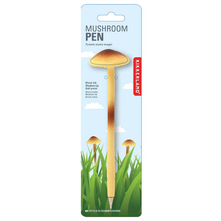 Mellow Monkey Mushroom Pen with a realistic brown cap and stem design on a decorative backing card.