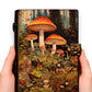 Mellow Monkey vintage leather spellbook with mushroom forest illustration and brass clasp. 5x7 inches, 200 pages.