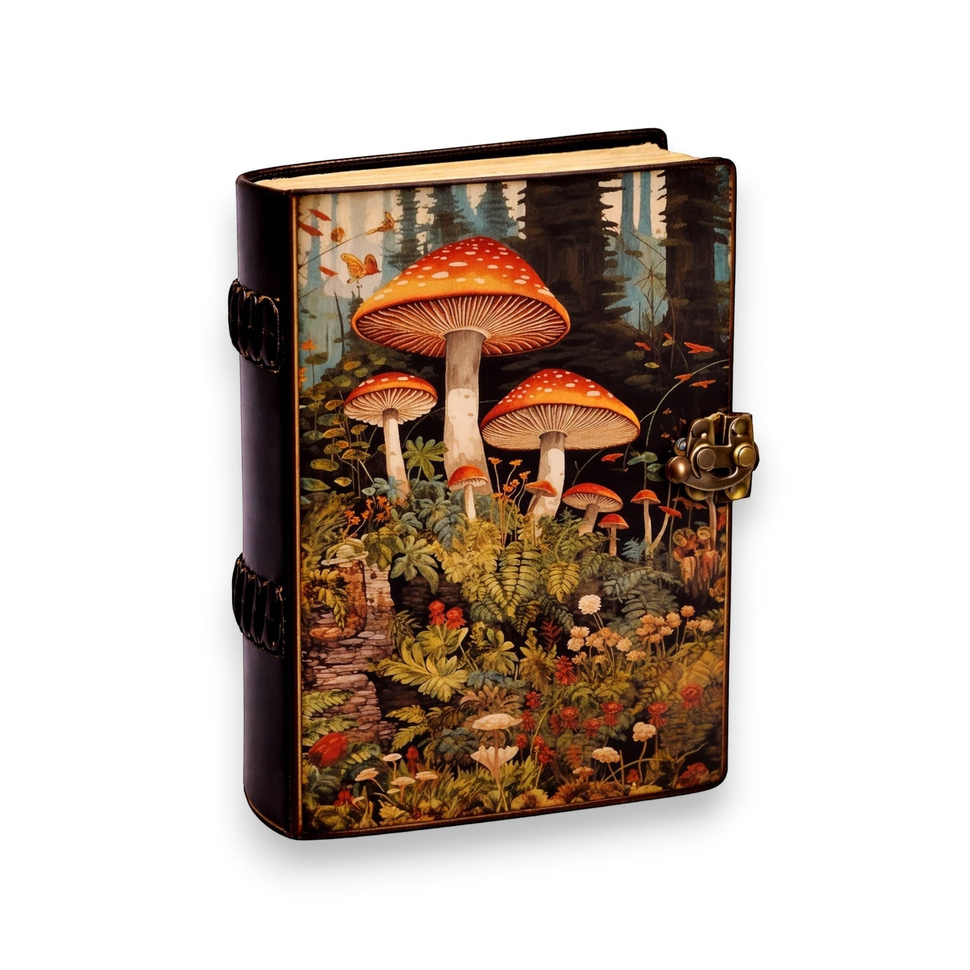 Mellow Monkey vintage leather spellbook with mushroom forest illustration and brass clasp. 5x7 inches.