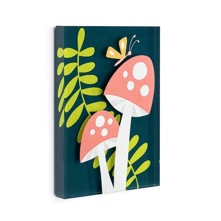 Mellow Monkey Nurture Together Tile Acrylic Wall Art, 5x7 inches, featuring pink mushrooms with white spots and a yellow butterfly on a dark teal background with green leaves.