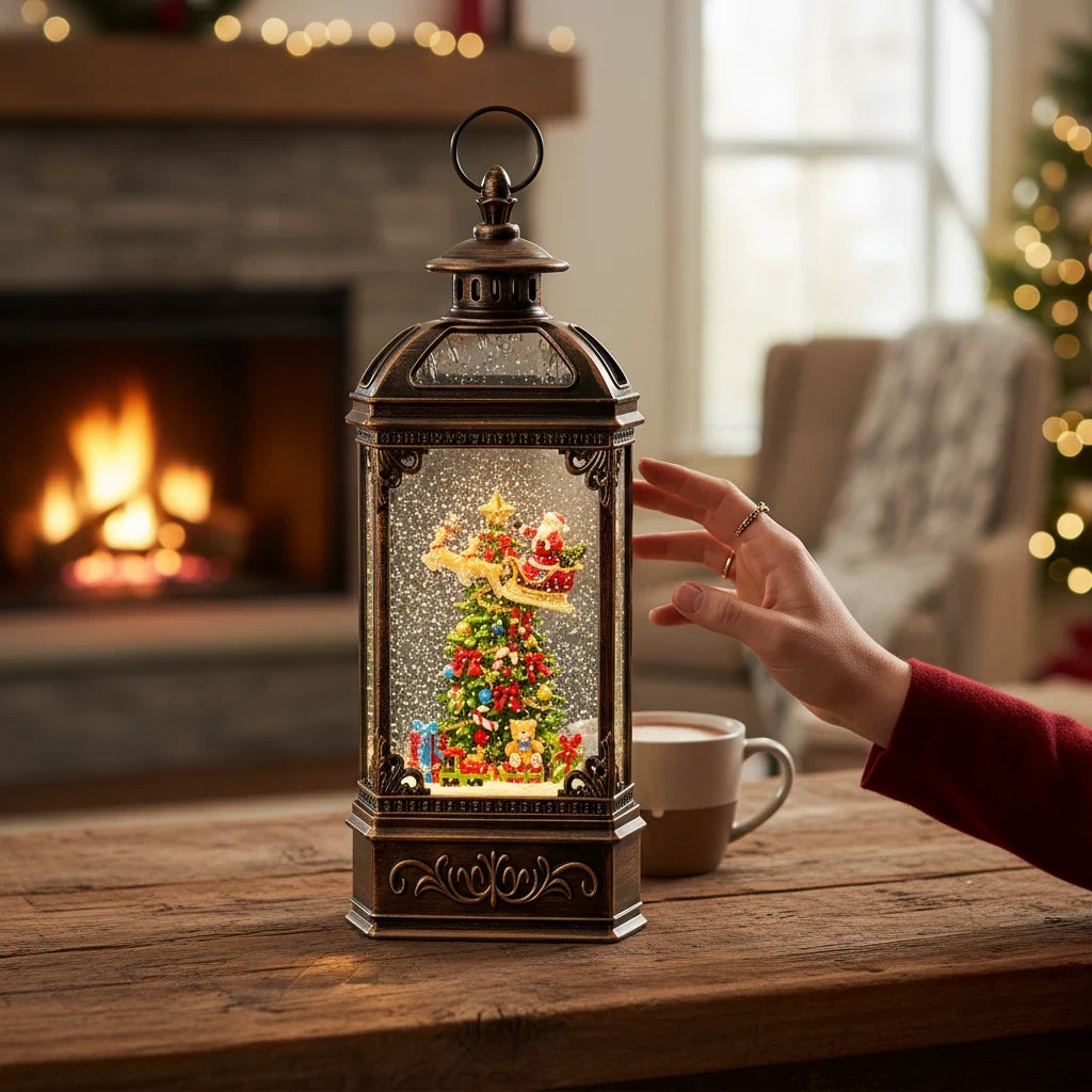 Mellow Monkey musical water lantern featuring Santa flying around a Christmas tree with swirling glitter and gold frame