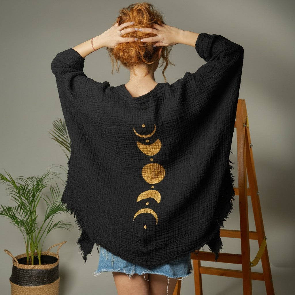 Mellow Monkey light green 4-layer muslin kimono robe with gold moon phases design on back. One size.