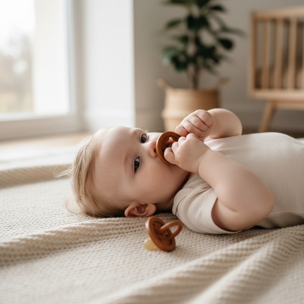 Mellow Monkey eco-friendly natural rubber pacifier in brown being used by a baby lying on a soft cream blanket