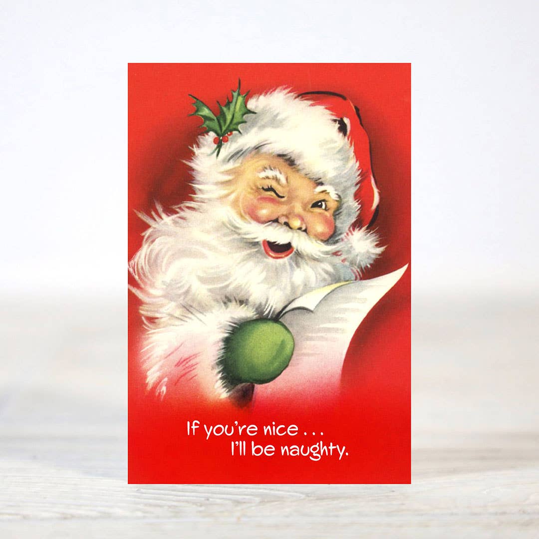 Mellow Monkey mini Christmas card featuring a vintage-style winking Santa with the text If you're nice I'll be naughty