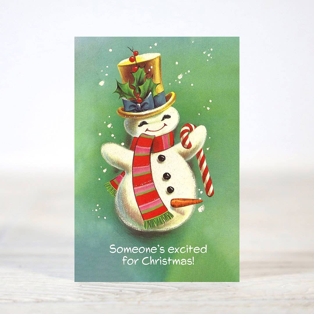 Mellow Monkey mini Christmas card featuring a vintage-style snowman wearing a top hat and holding a candy cane.