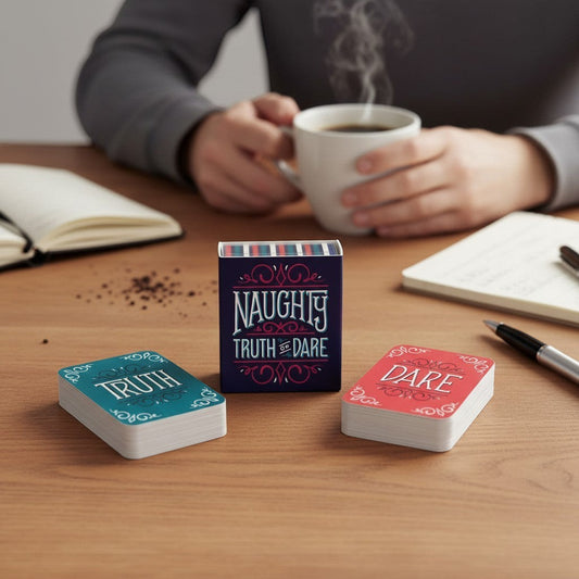Mellow Monkey Naughty Truth or Dare card deck with teal truth cards and red dare cards on a wooden table.