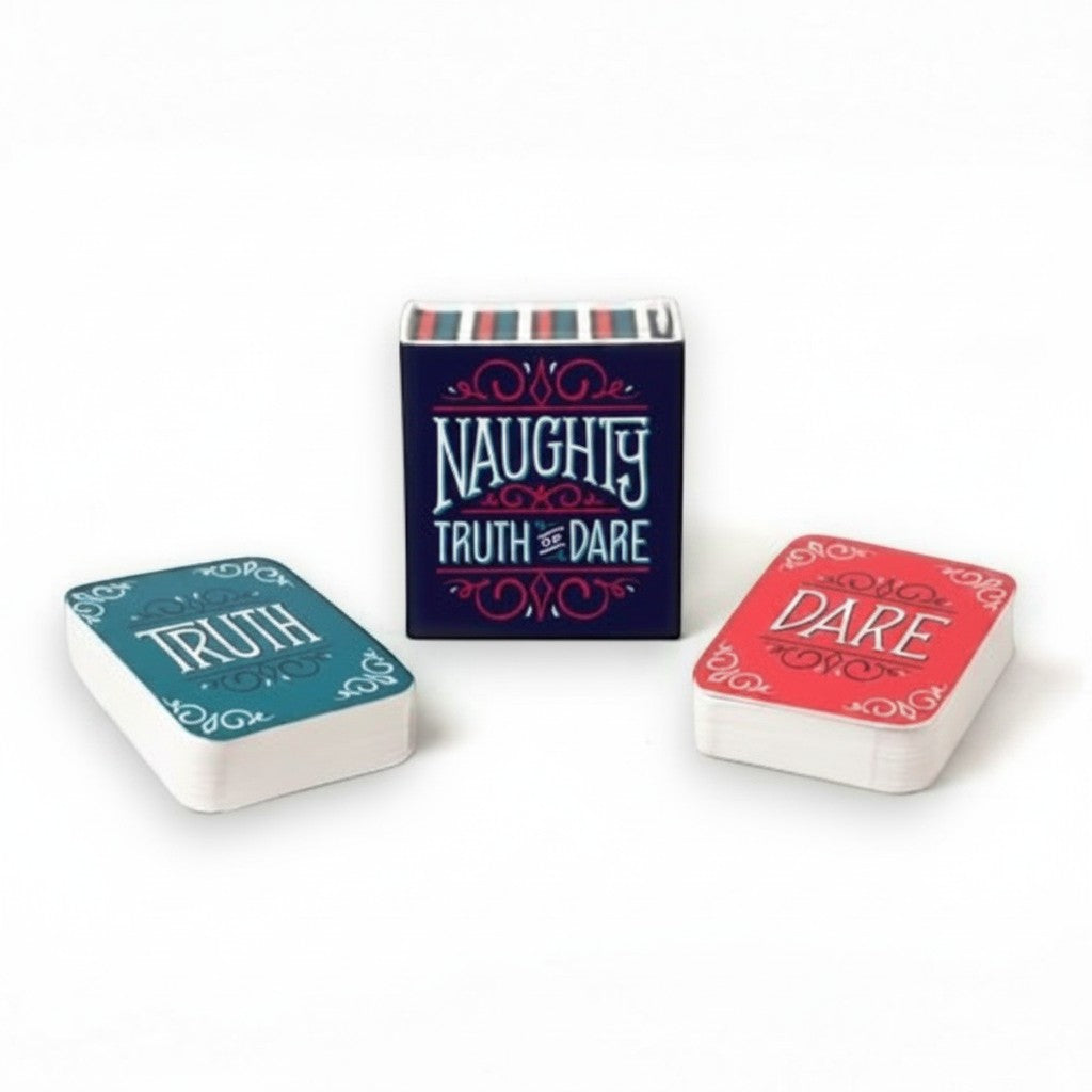 Mellow Monkey Naughty Truth or Dare card game with blue truth deck, red dare deck, and decorative storage box