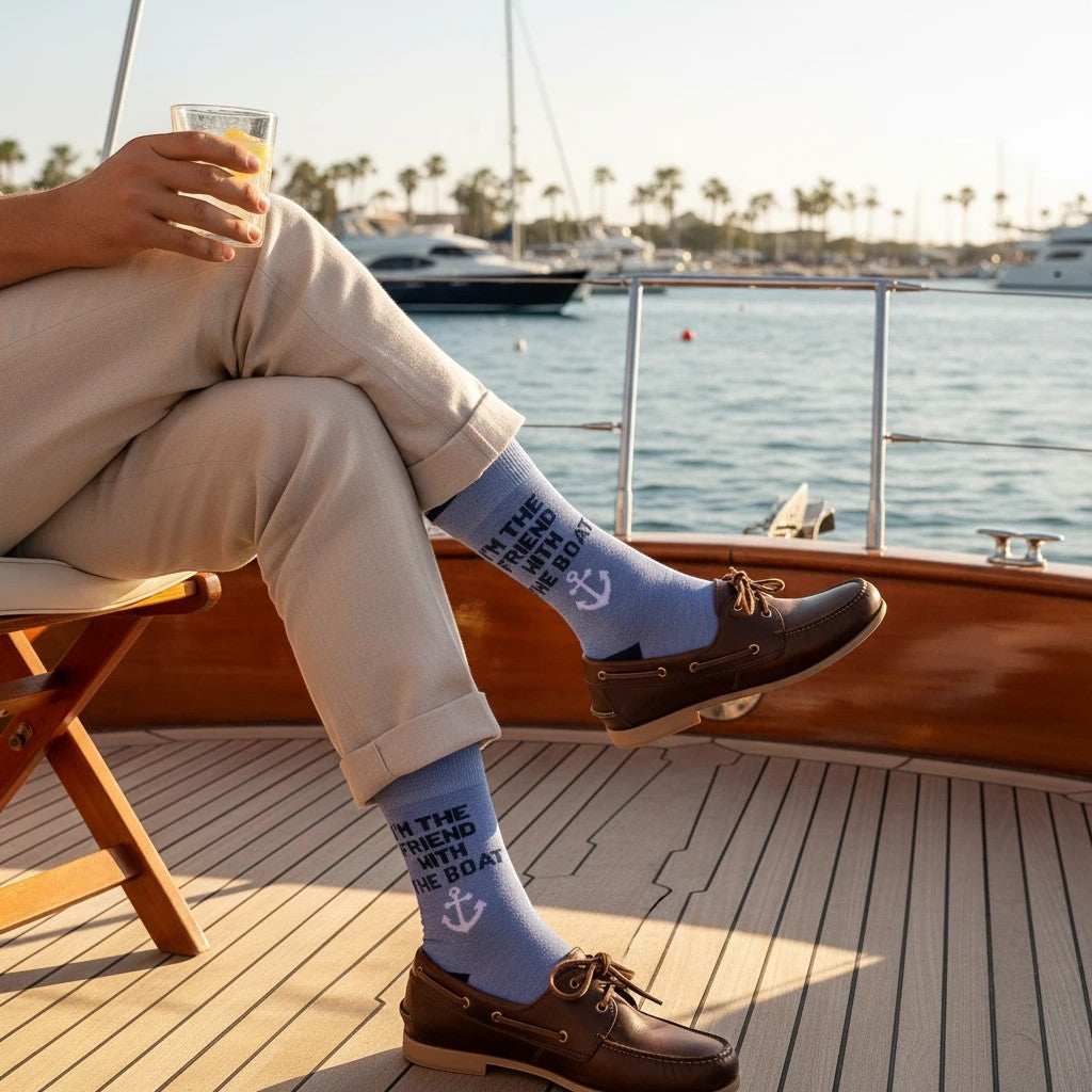 Mellow Monkey heather blue novelty socks with anchor graphic and I'm The Friend With The Boat text worn on a boat deck