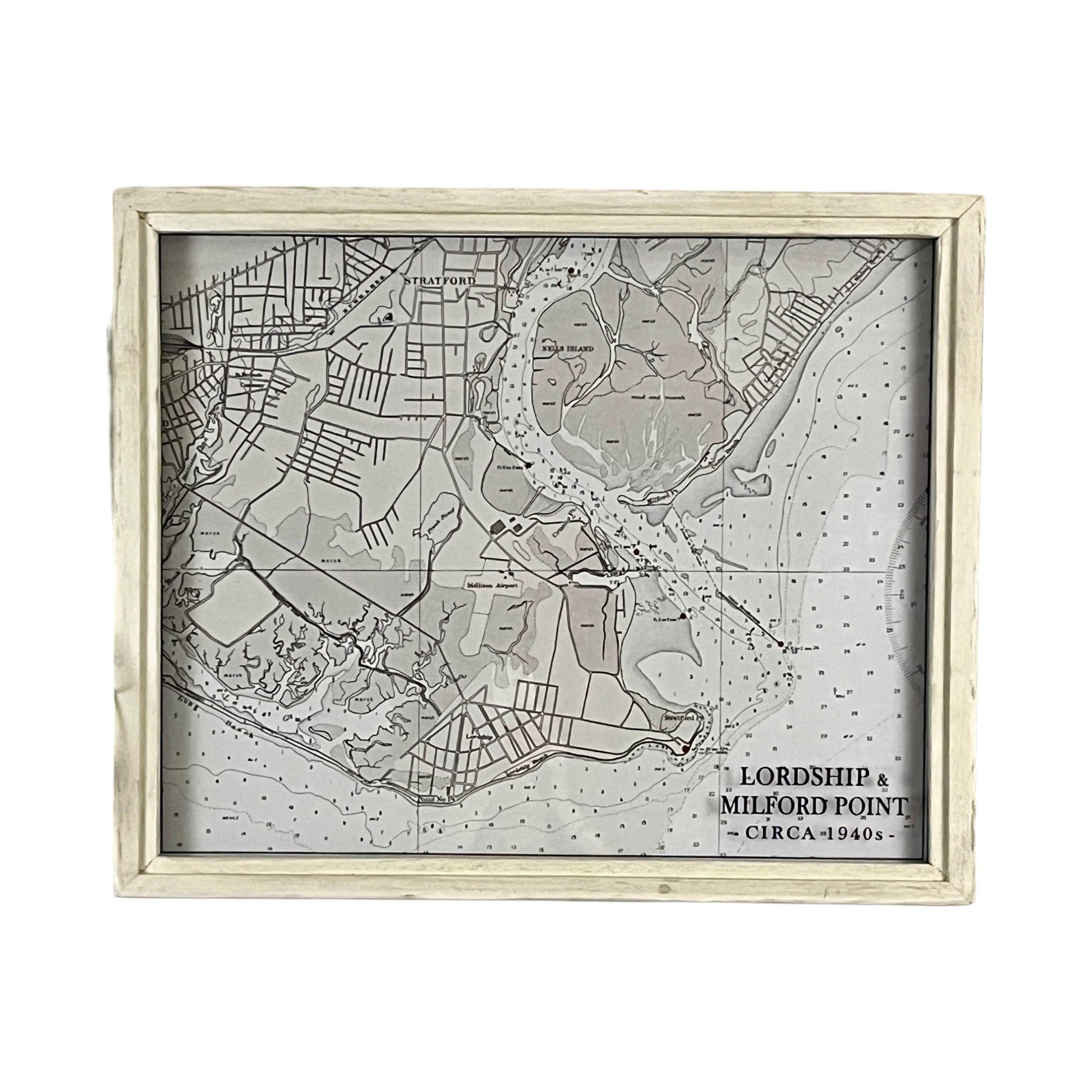 Mellow Monkey vintage nautical map of Lordship and Milford Point in a white reclaimed wood shadowbox frame.