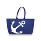 Mellow Monkey Talia navy blue polyester tote bag with a large white anchor print and sturdy shoulder handles.