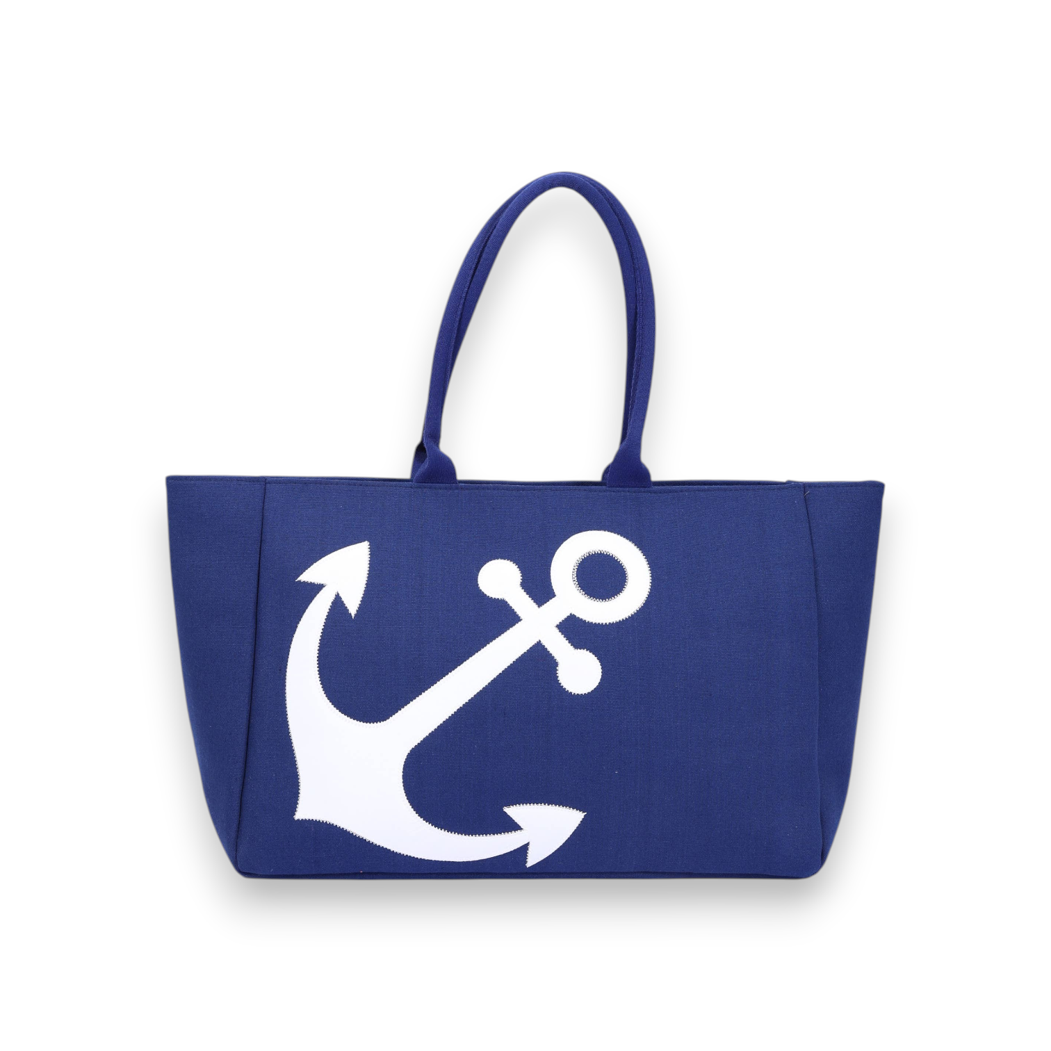 Mellow Monkey Talia navy blue polyester tote bag with a large white anchor print and sturdy shoulder handles.