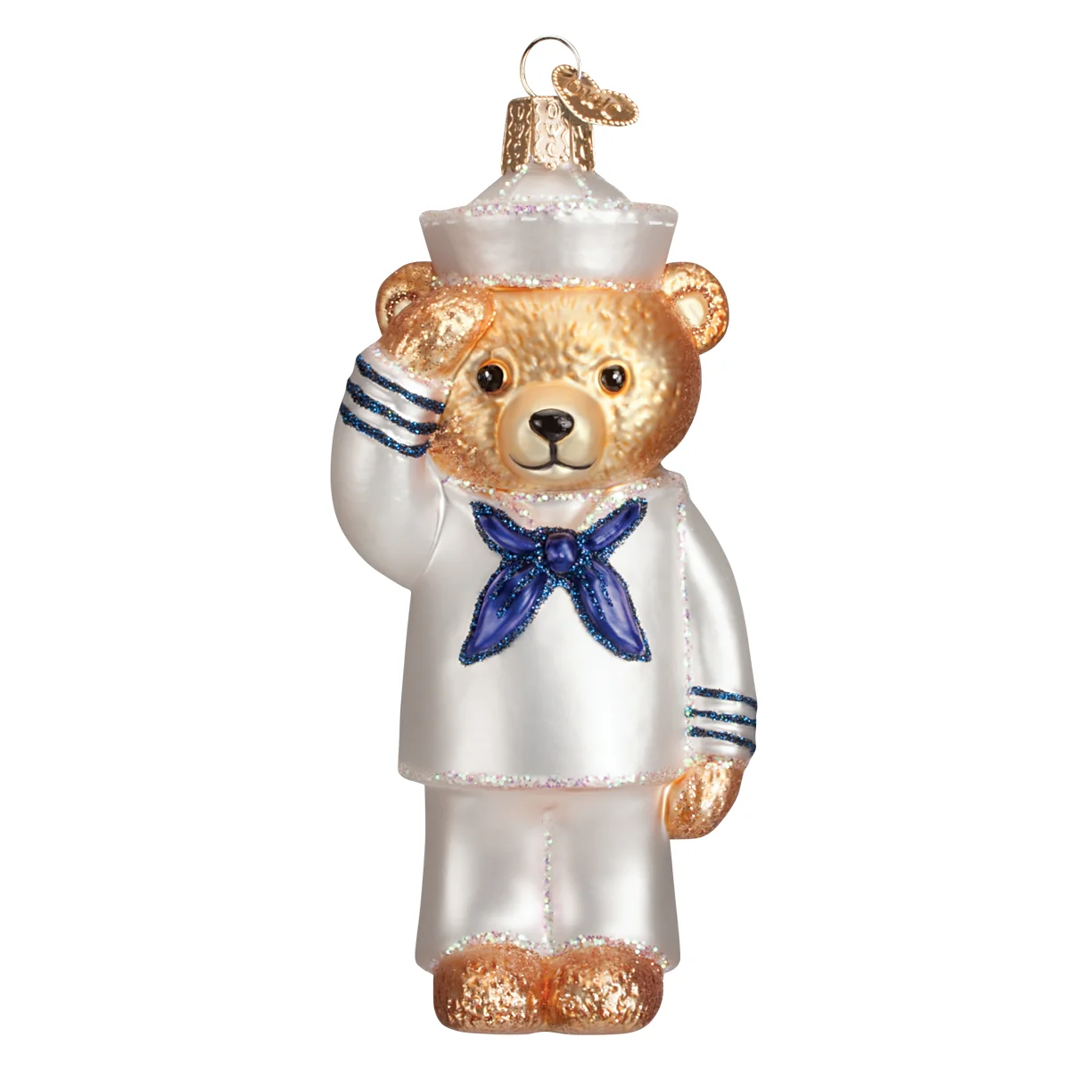 Mellow Monkey Navy Bear blown glass ornament wearing a white sailor uniform and saluting for holiday tree decor.